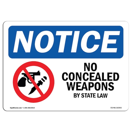 Signmission OSHA Notice Sign, 5" Height, 7" Width, NOTICE No Concealed Weapons By State Law Sign, Landscape OS-NS-D-57-L-16066